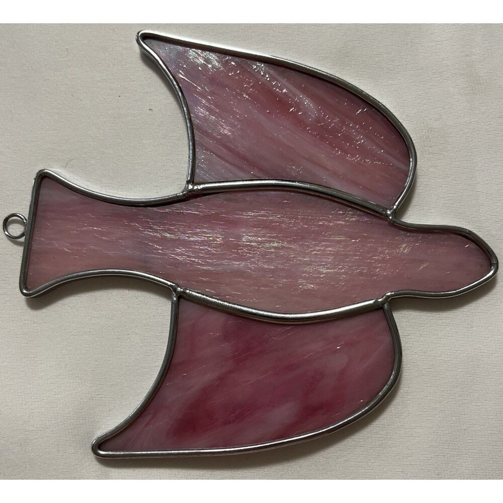 Stained Glass Pink Iridescent Bird Window Sun Catcher Ornament Handmade 6”x 5.5”